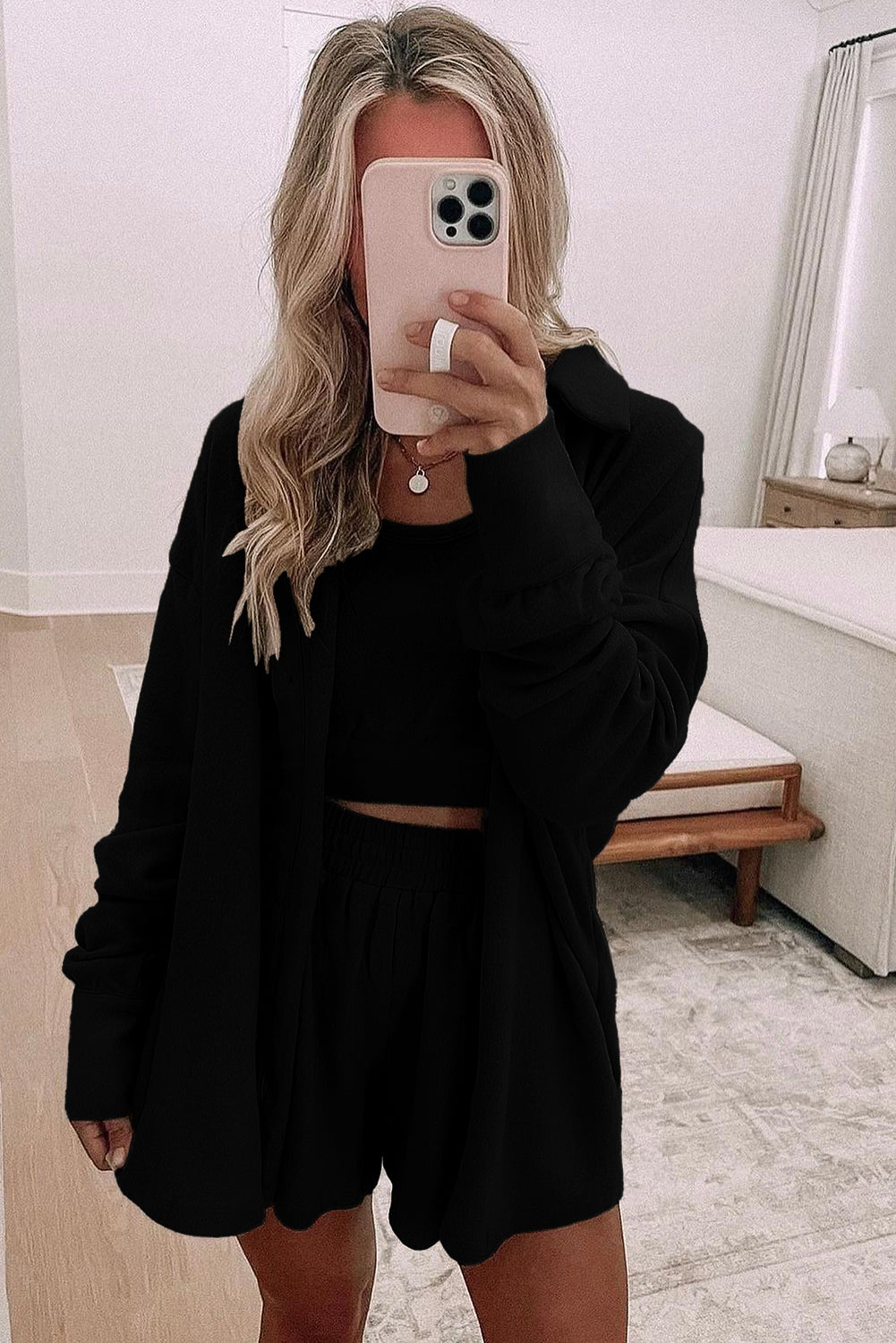 Gray Shirred Hem Crop Tank Top Loose Shorts Cardigan 3 Piece Pajama Set Loungewear Set 9a24a5c2f356a55d