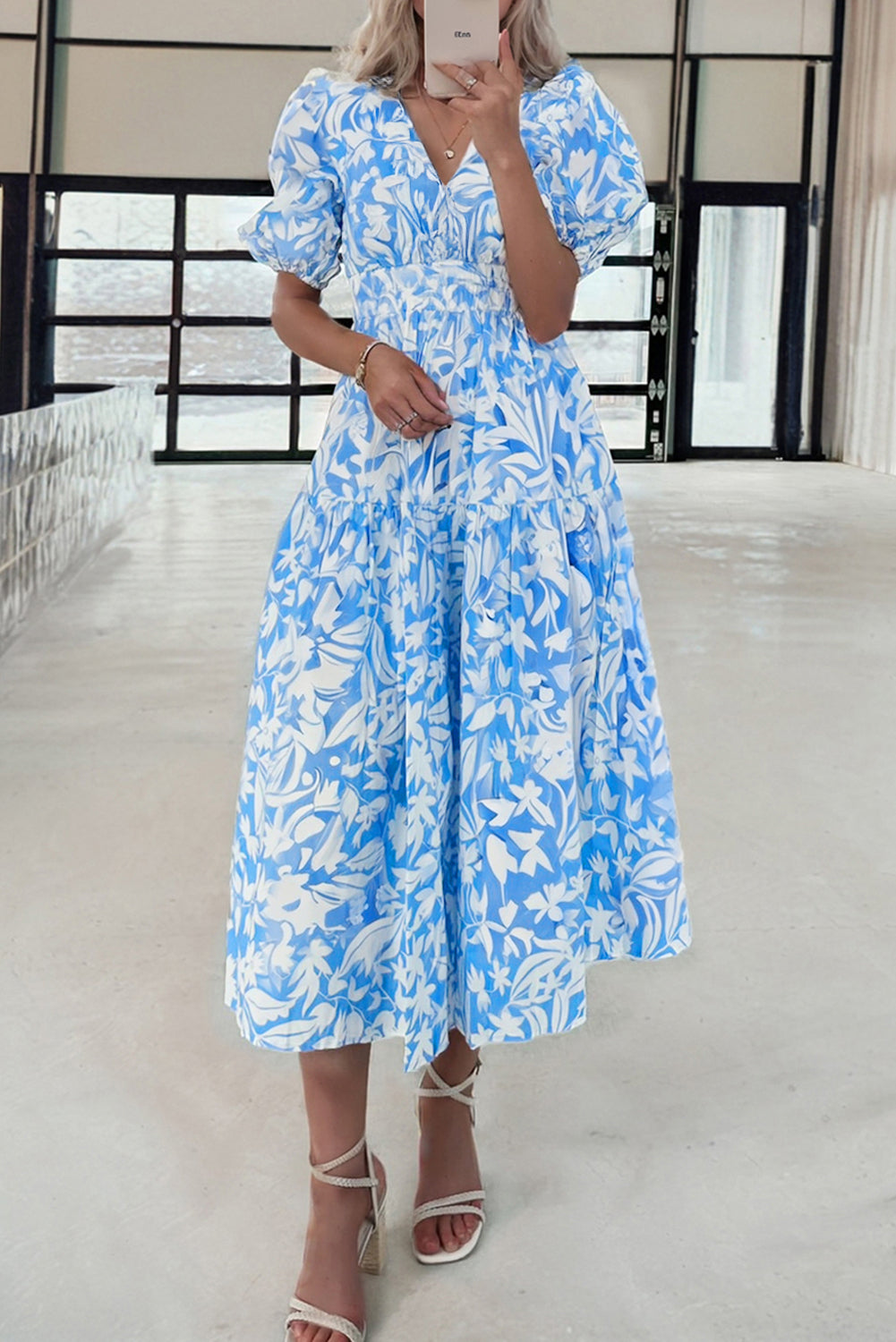 Sky Blue Floral Print Deep V Neck Puff Sleeve Flowy Dress Maxi Dresses 9a2e5e4dee0f4656
