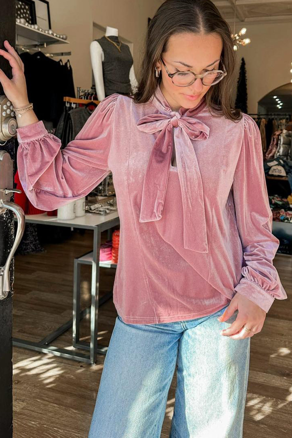 Fushia Velvet Long Sleeve Stand Neck Knot Blouse Blouses 9a333d5e24b115b1