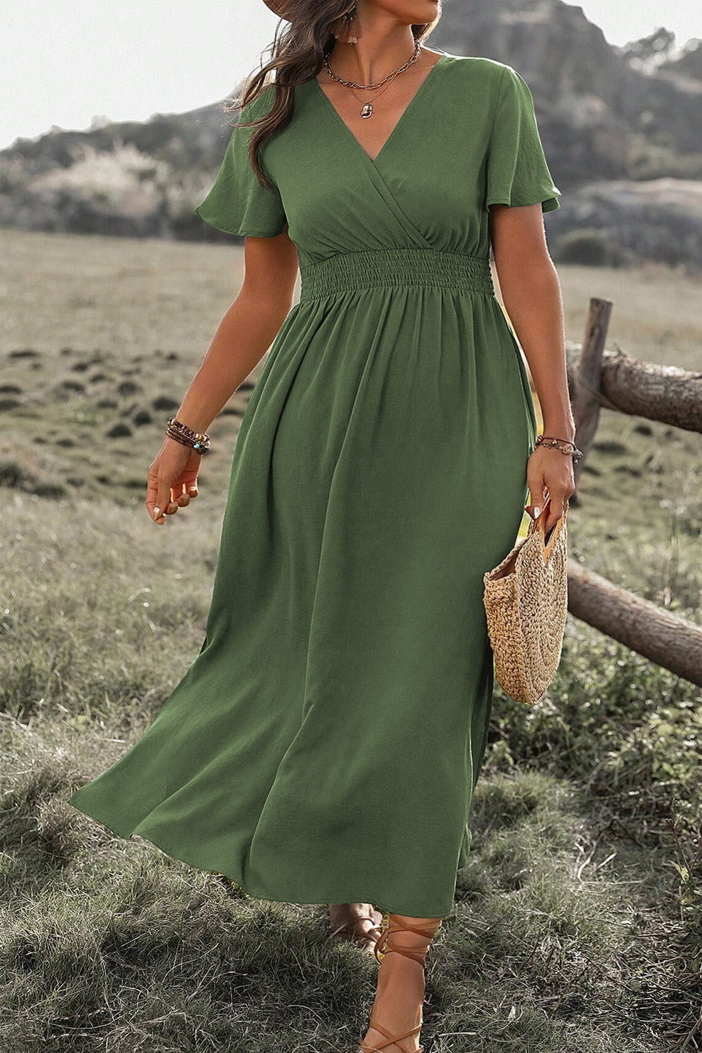 Green Surplice Neckline Smocked High Waist Plus Size Maxi Dress Plus Size Dresses 9a8eaaea44b48f3f