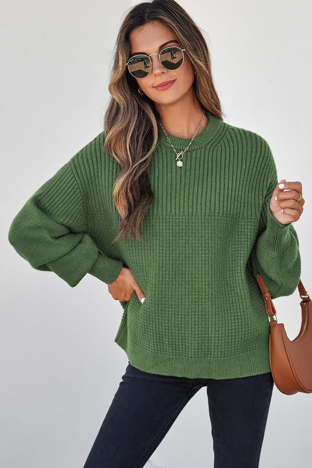 Vineyard Green Solid Color Mixed Textured Knitted Crew Neck Sweater Sweaters 9ad524ee0995eccc