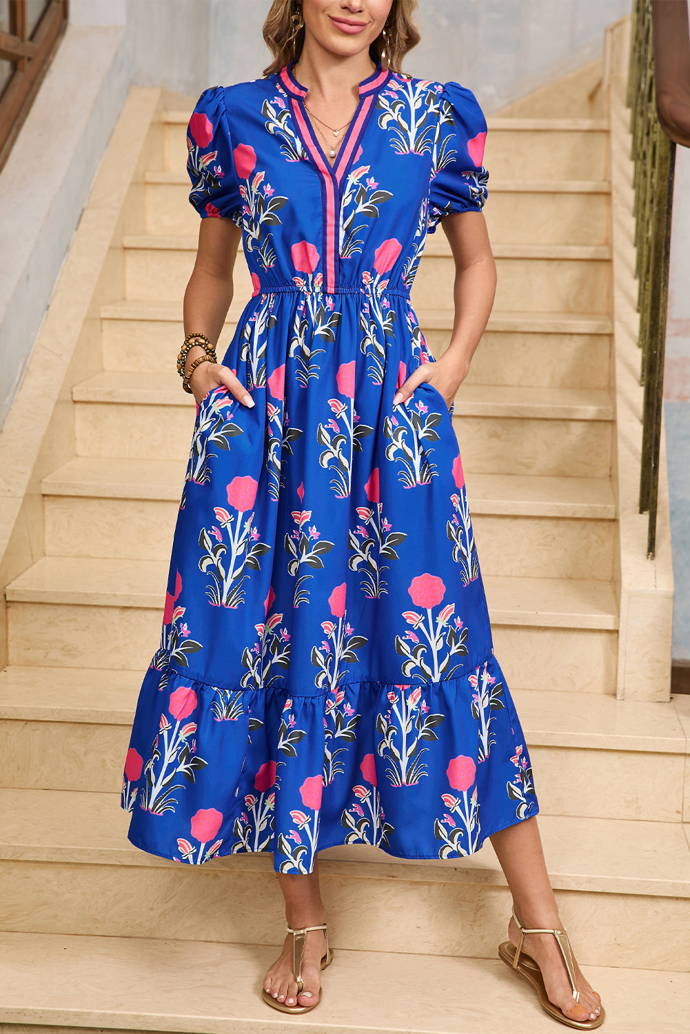 Blue Floral Ruffle Hem Pop of Color Neckline Dress Midi Dresses 9b1621a267d46e4c