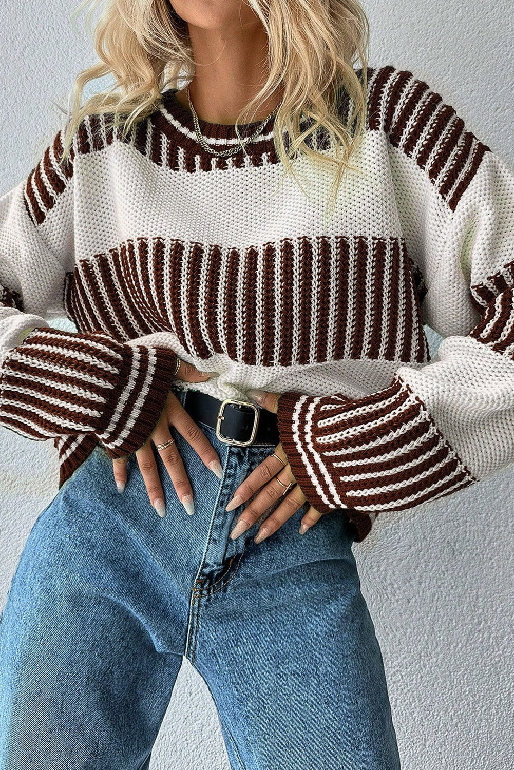 Brown Two Tone Striped Patchwork Drop Shoulder Sweater Sweaters 9bb454ba07fb2b55