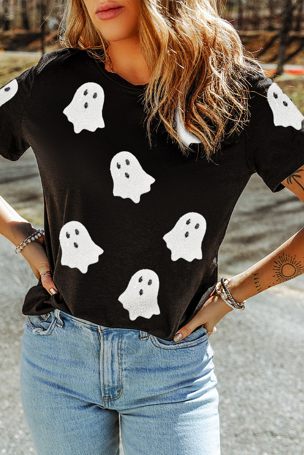 Sachet Pink Halloween Ghost Sequins Patch Casual T Shirt Graphic Tees 9bf3afae03e15f7f