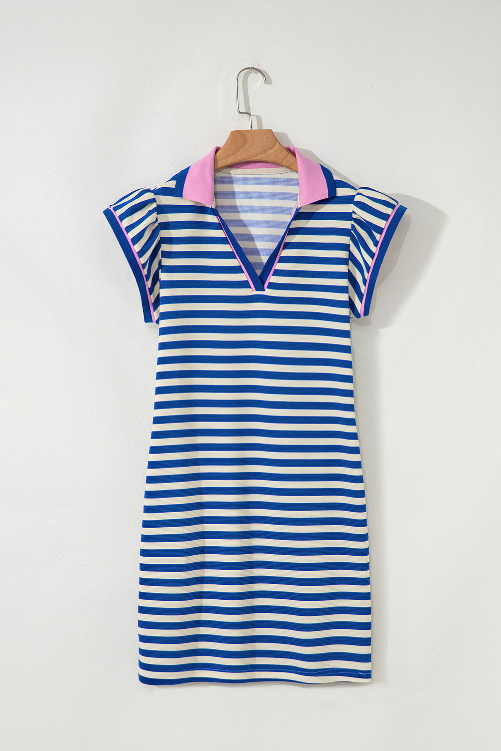 Dark Blue Striped Ruffle Short Sleeve Pop of Color Neckline Dress Short Dresses 9bf3f03ec5434cde