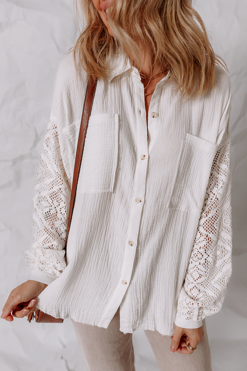White Cotton Gauze Lace Patchwork Long Sleeve Shirt Blouses 9c3955adcbd4fdcb