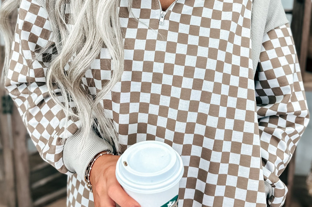 Khaki Checkered Print Quarter Zip Ribbed Patchwork Loose Sweatshirt Sweatshirts & Hoodies 9c54c10830cadfa1