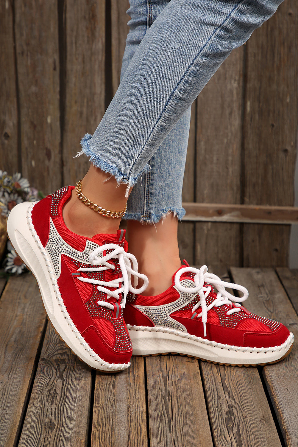 Fiery Red Rhinestone PU Leather Platform Casual Sneakers Sneakers 9c67bce3232358a6