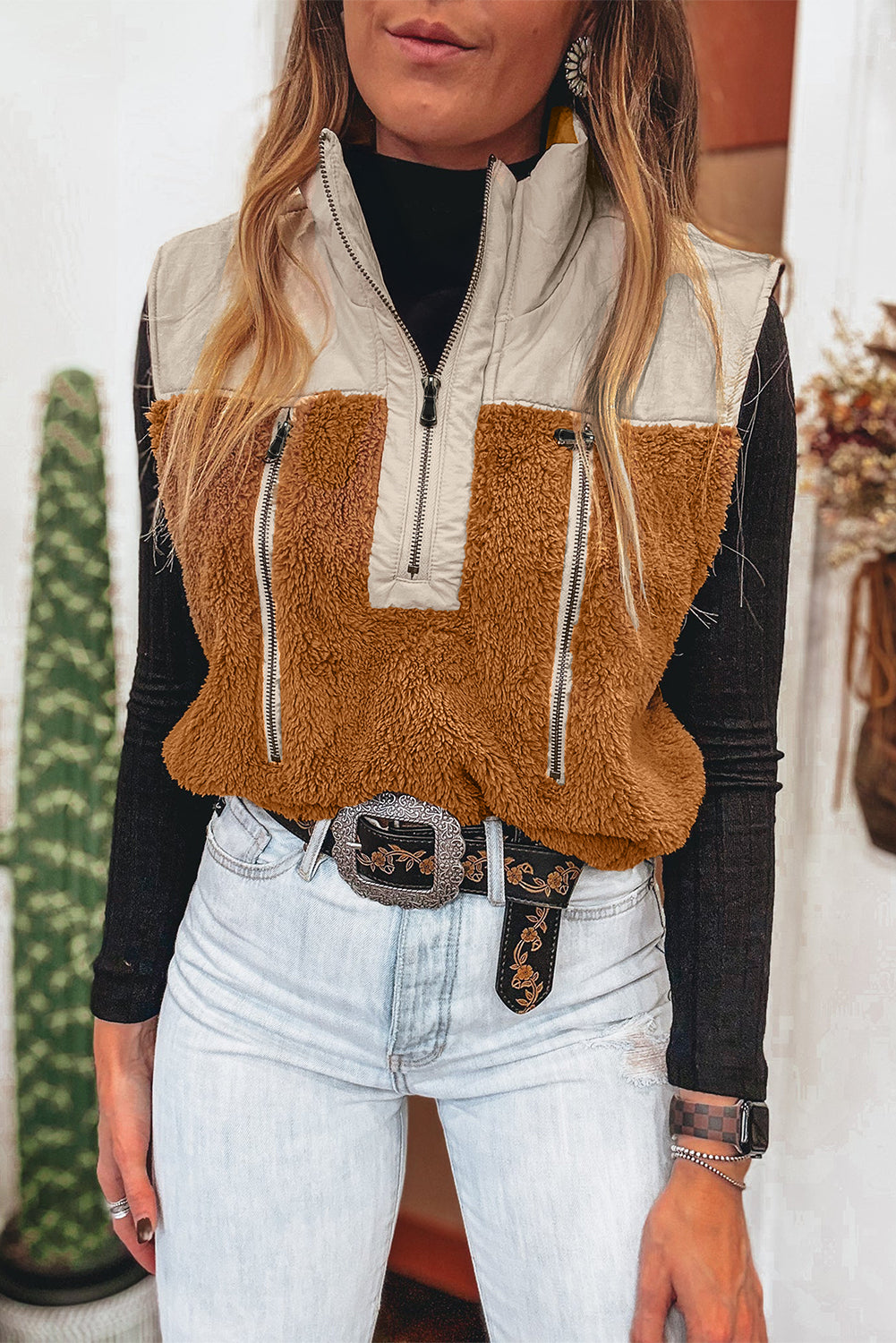 Chestnut Plush Patchwork Zipper Stand Neck Vest Outerwear 9ca56541cc7a9225