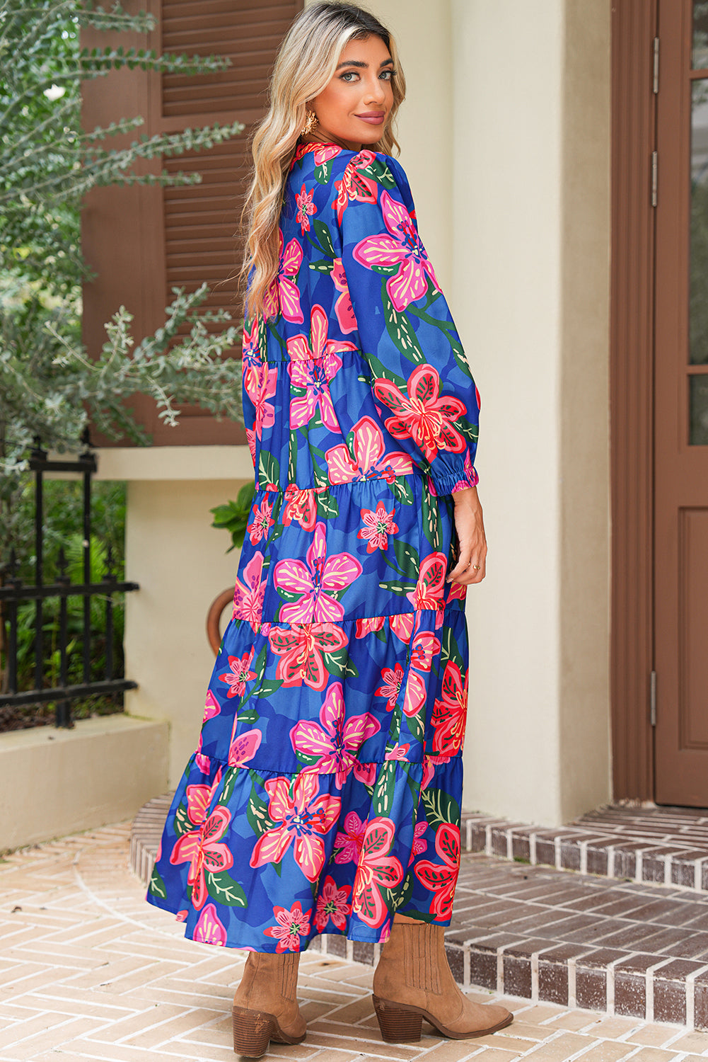 Blue Bohemian Floral Print Three Quarter Sleeve Tiered Maxi Dress Maxi Dresses 9cc26752981e4ee7
