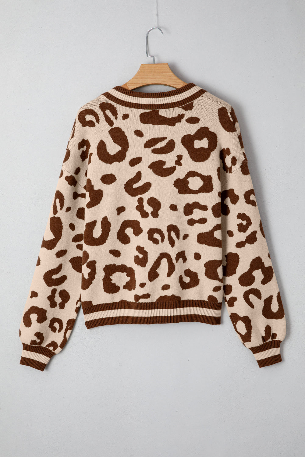 Light French Beige Leopard Printed Knit V Neck Sweater Sweaters 9ce40b430b324640