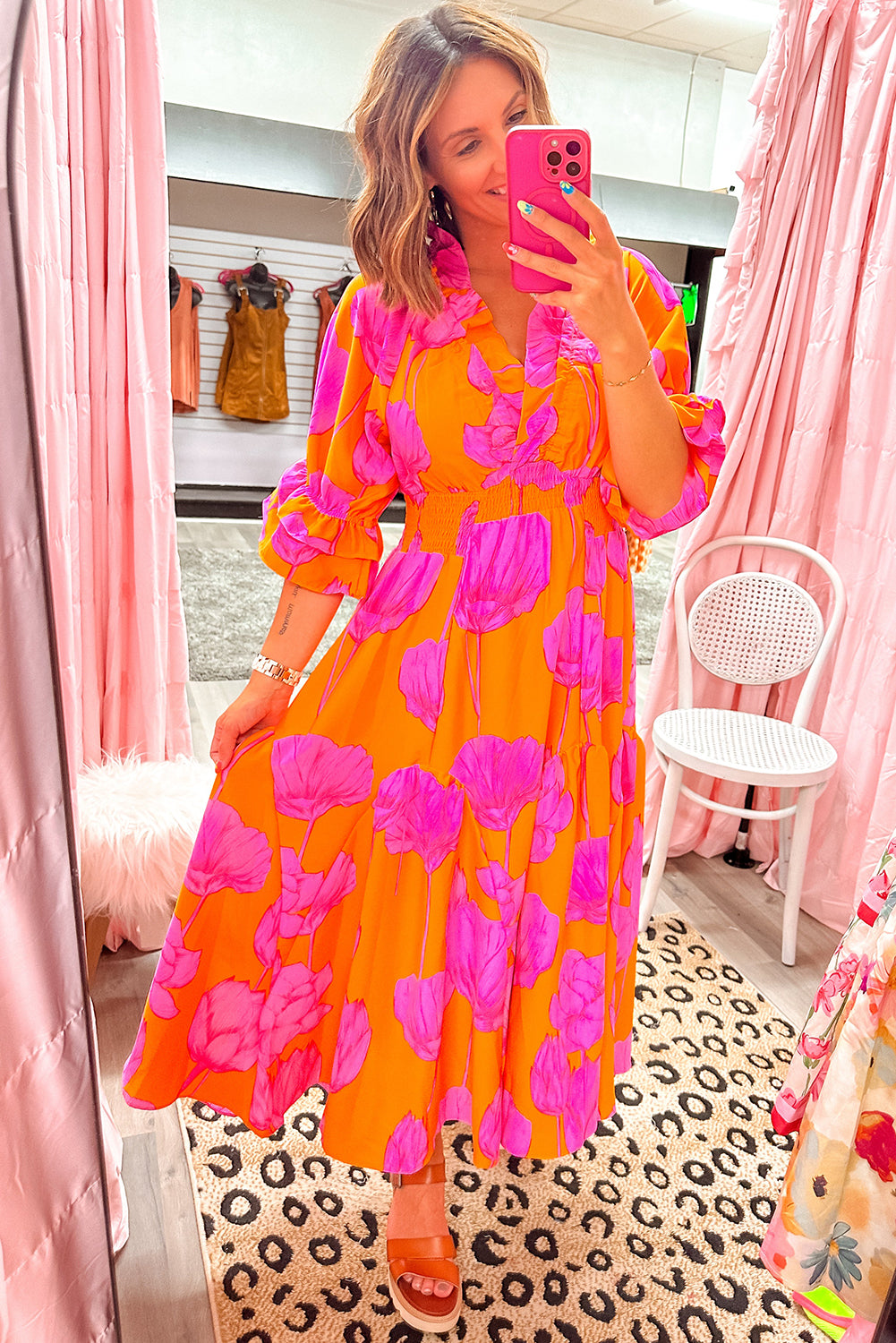 Orange Floral Print Frill Smocked V Neck 3/4 Sleeve Maxi Dress Maxi Dresses 9d22a70cac0c6ddc