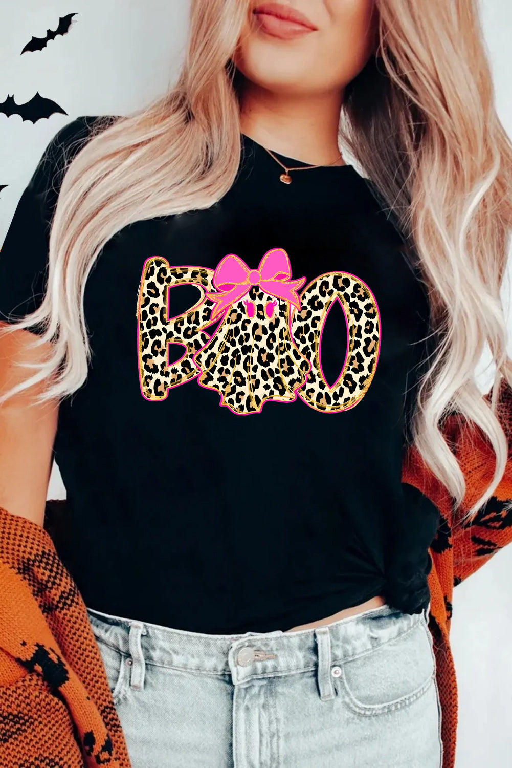 Black Leopard Ghost Boo Heat Transfer Printing Halloween T Shirt Graphic Tees 9d6df89d582e5bc3