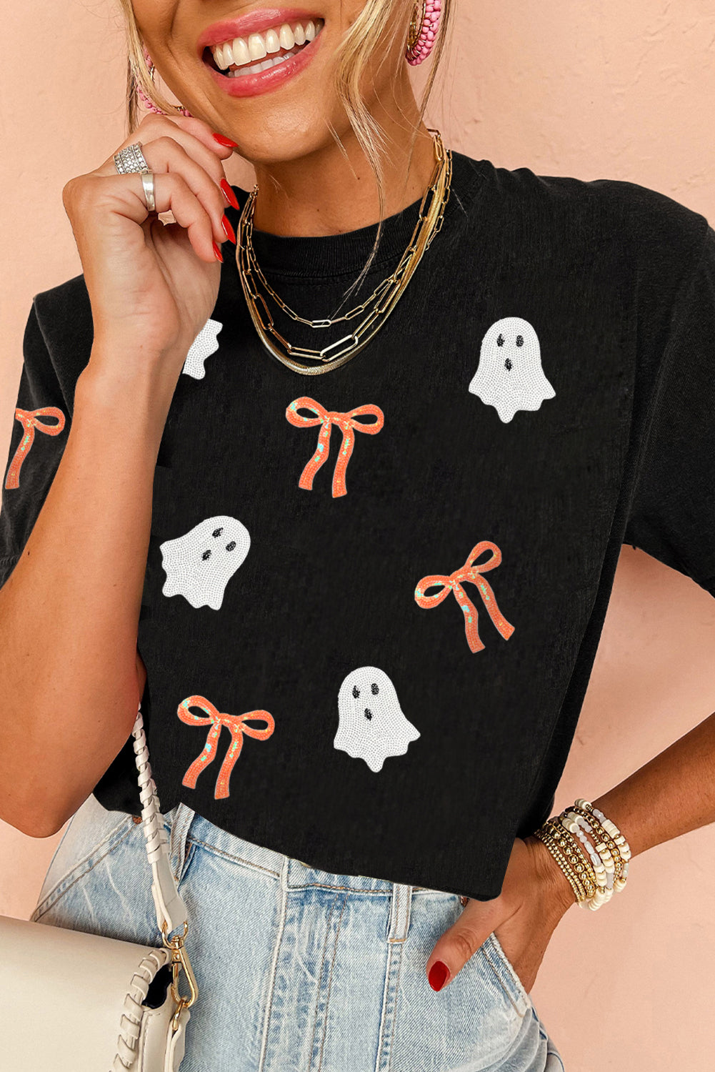 Black Bow Ghost Sequin Patched Halloween Graphic Tee Graphic Tees 9d727768ca265507