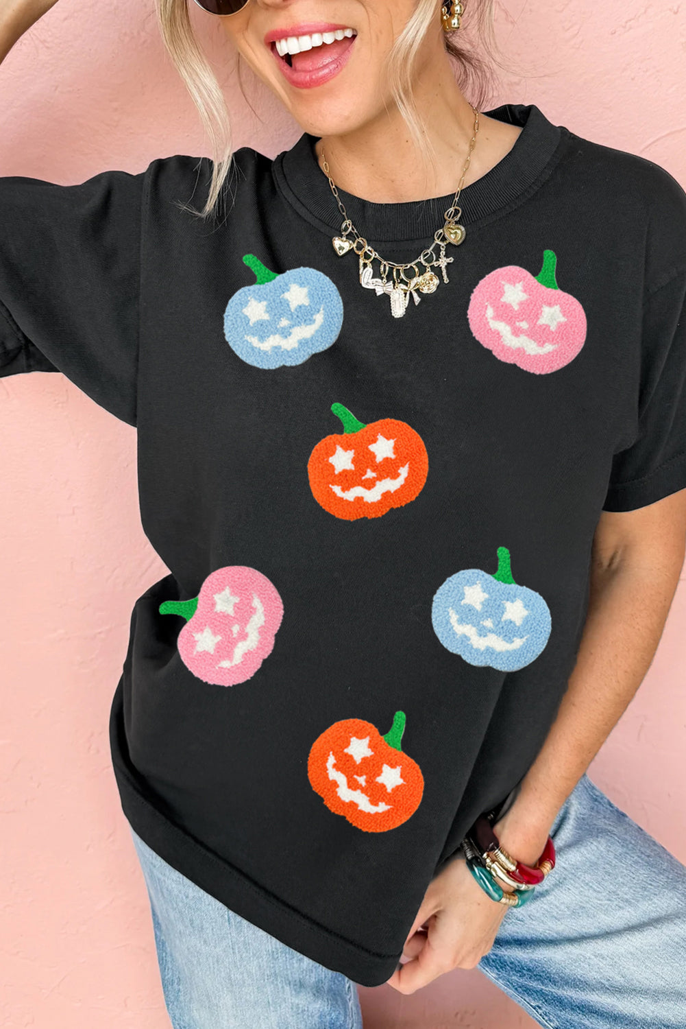 Black Chenille Pumpkin Patch Application Playful Halloween T Shirt Graphic Tees 9dbcf3ec1e3f0799