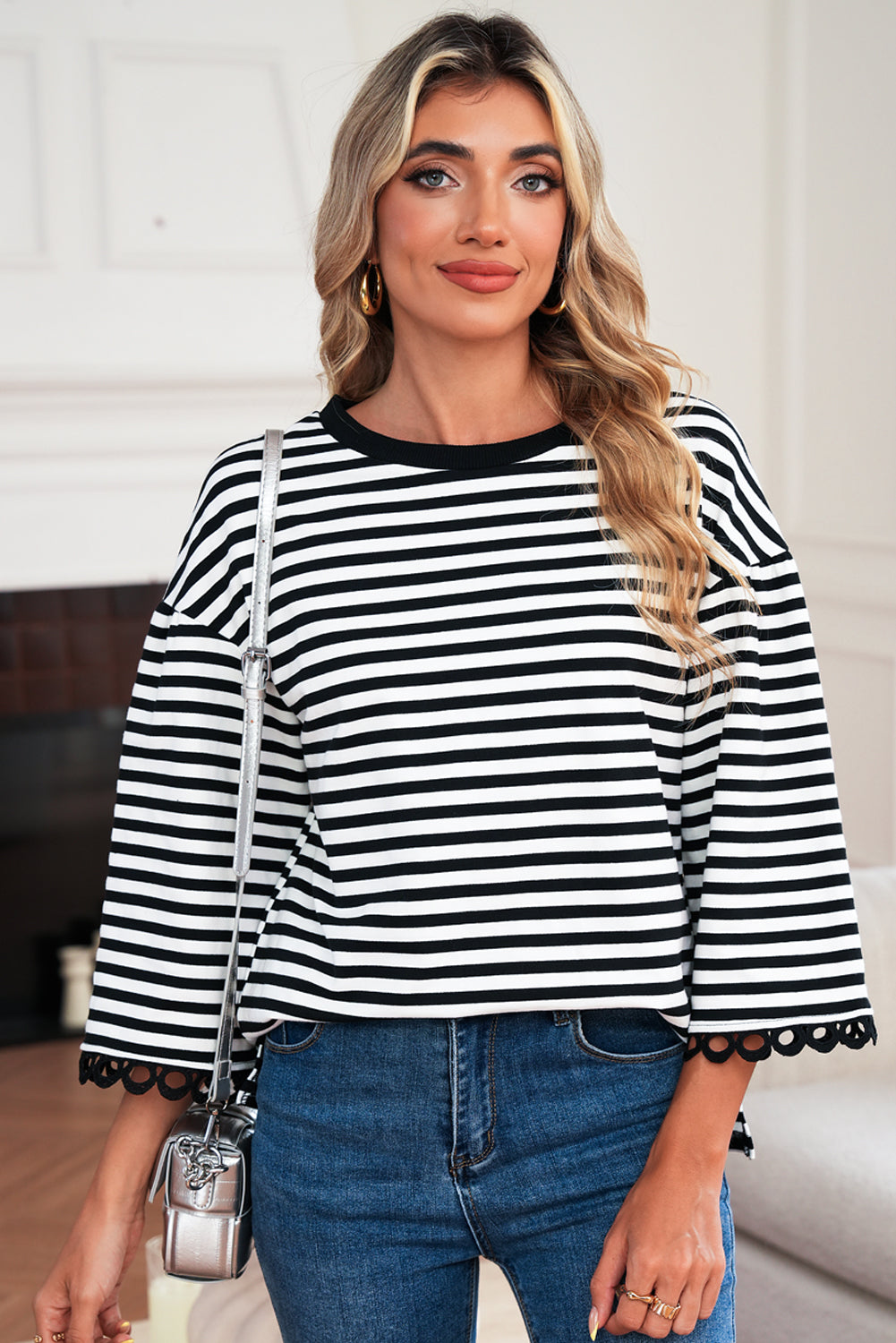 Sachet Pink Striped Round Neck Contrast Trim Bell Sleeve Top Long Sleeve Tops 9dbe38ff1cbd0161