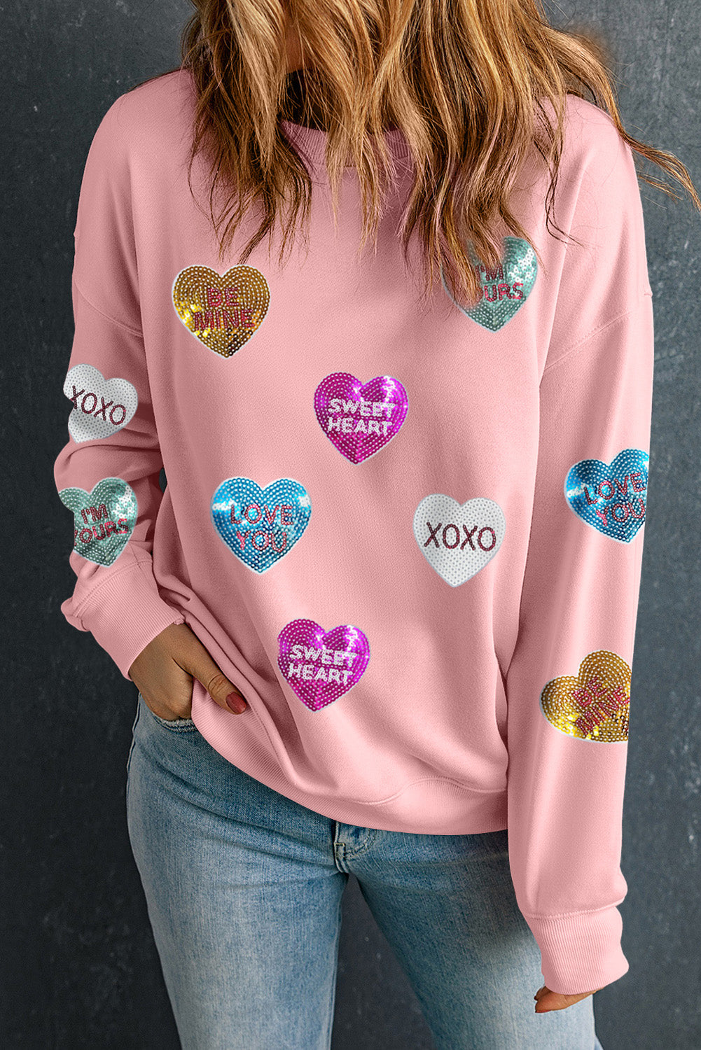 Pink Sequin Romantic Sweet Heart Graphic Valentines Sweatshirt Graphic Tees 9dfd66335eccbffc