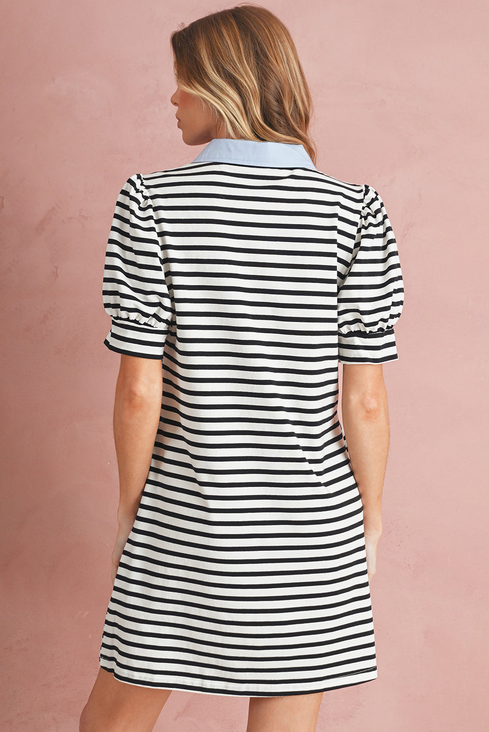 Black Stripe Collared Puff Sleeve Pocketed Mini Dress Short Dresses 9e342b4121c98c29