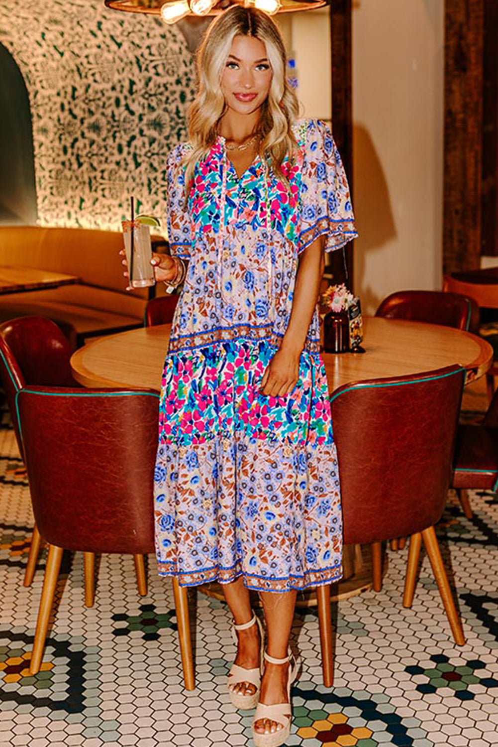 Sky Blue Mixed Floral Print Tie Split Neck Short Sleeve Dress Midi Dresses 9e39310ea76d5af2