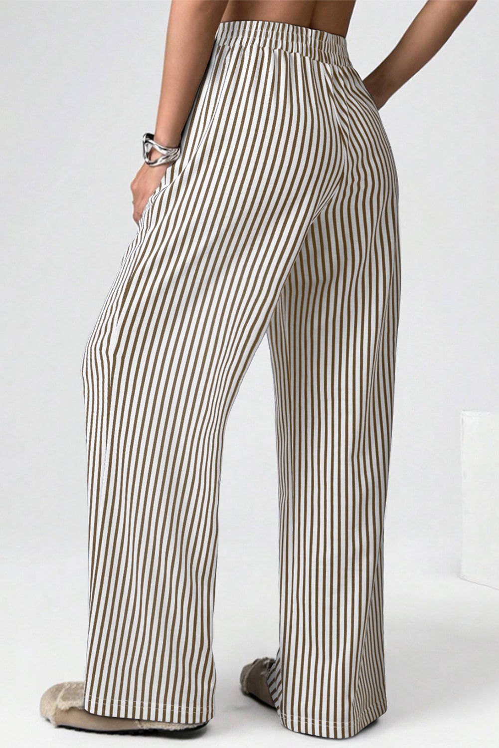 Brown Striped Elastic Waistband Pocketed Loose Pants Pants 9e5c3893d338aee7