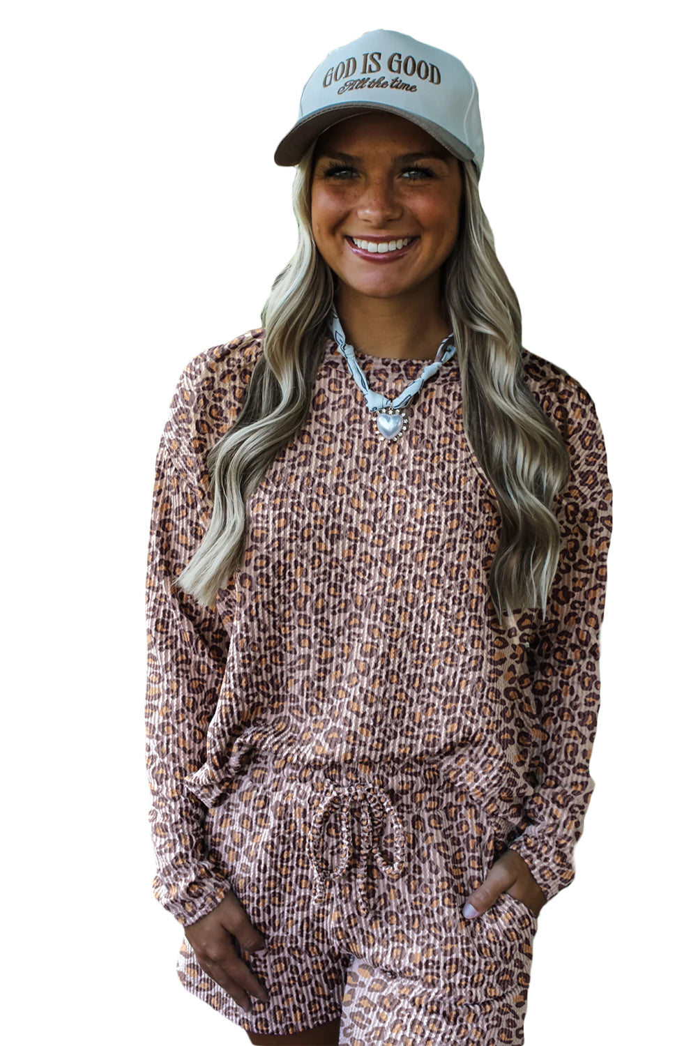 Khaki Leopard Ribbed Long Sleeve Top Drawstring Shorts 2pcs Outfit Short Sets 9e886ebe5c589444