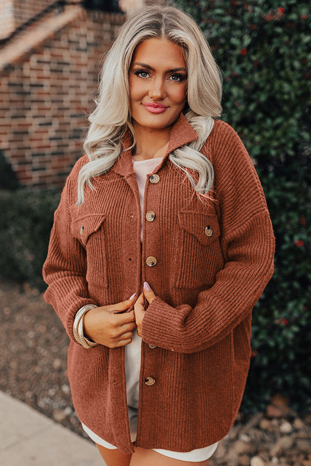 Medium Grey Ribbed Knit Buttons Front Flap Pocket Casual Shacket Jackets 9e9dd87a2d3f277b