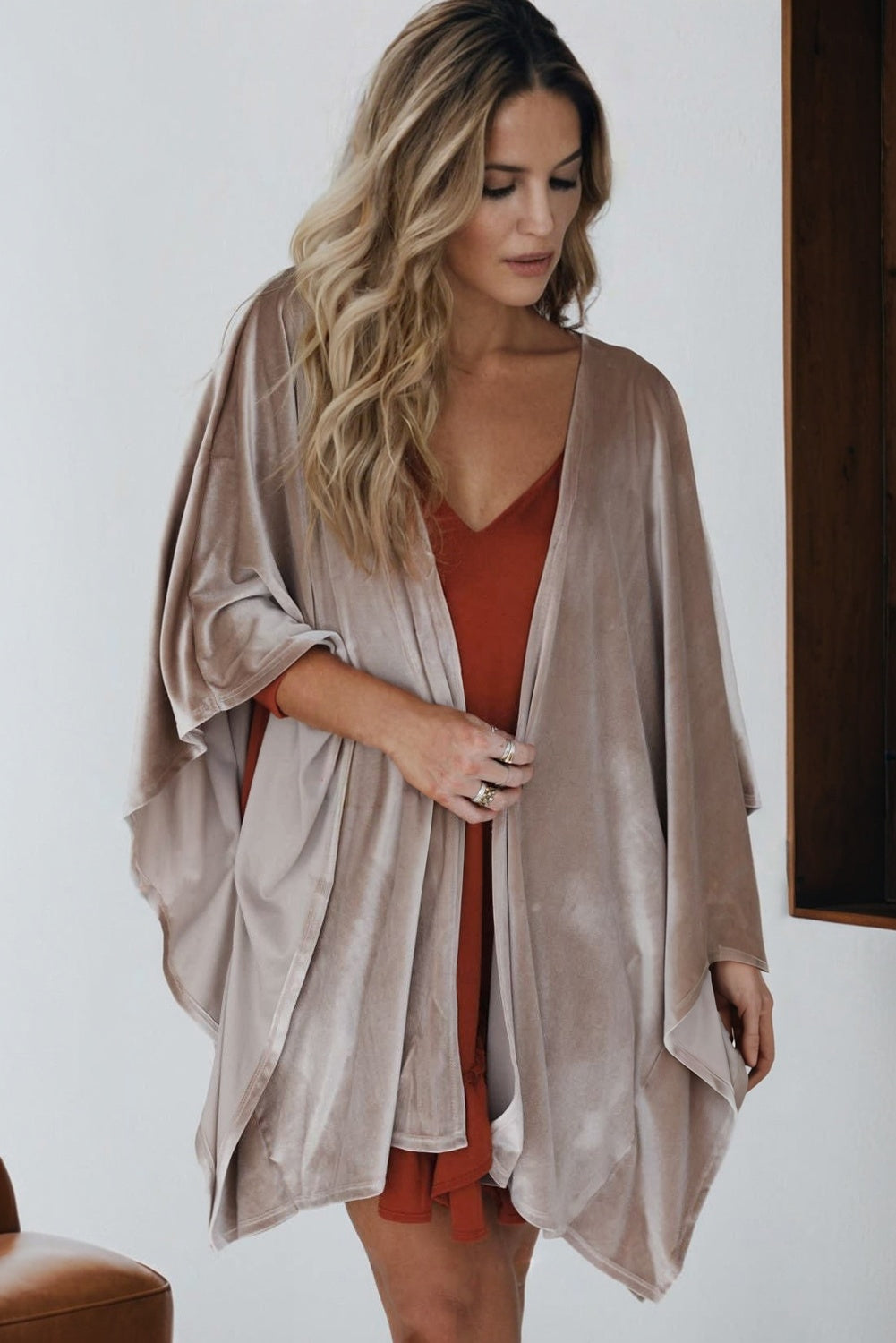 Smoke Gray 3/4 Sleeve Open Front Velvet Kimono Coats 9f03c5b41cb94f15