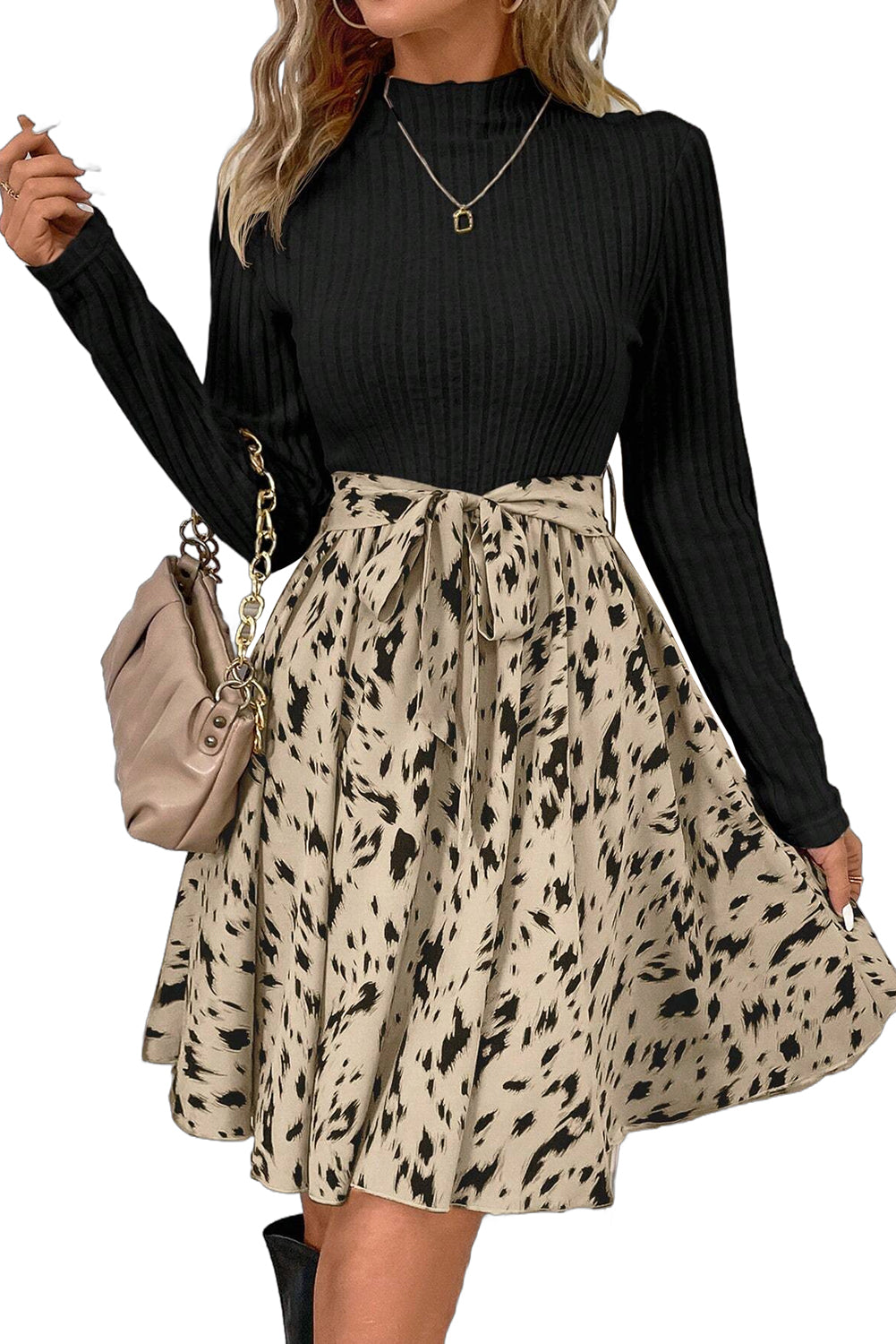 Black Ribbed Knit Patchwork Abstract Print Belted Short Dress Short Dresses 9fc192524d6e4538