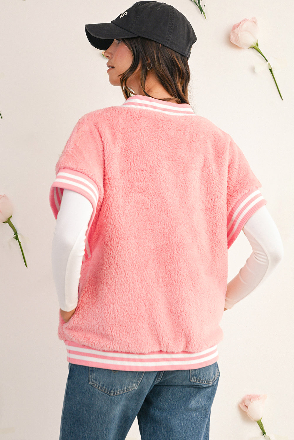 Gossamer Pink Contrast Trim Plush Sleeveless Coat Coats a010a920ab183ca9