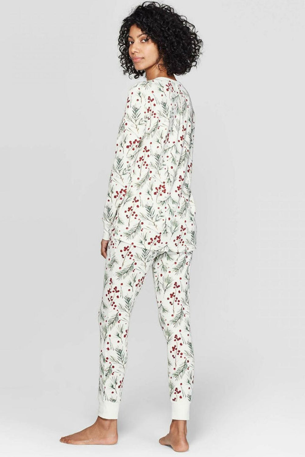 White Holly Print Christmas Pullover Pants Pajama Set Loungewear Set a0161af23a2cf550