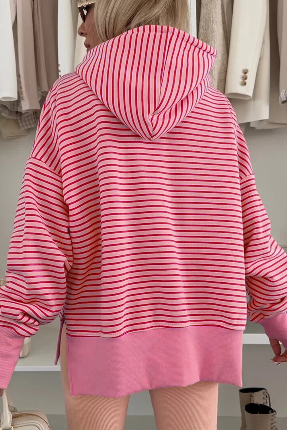 Rose Stripe Thumbhole Side Slits Drop Shoulder Loose Fit Hoodie Sweatshirts & Hoodies a04963e0ff691a12