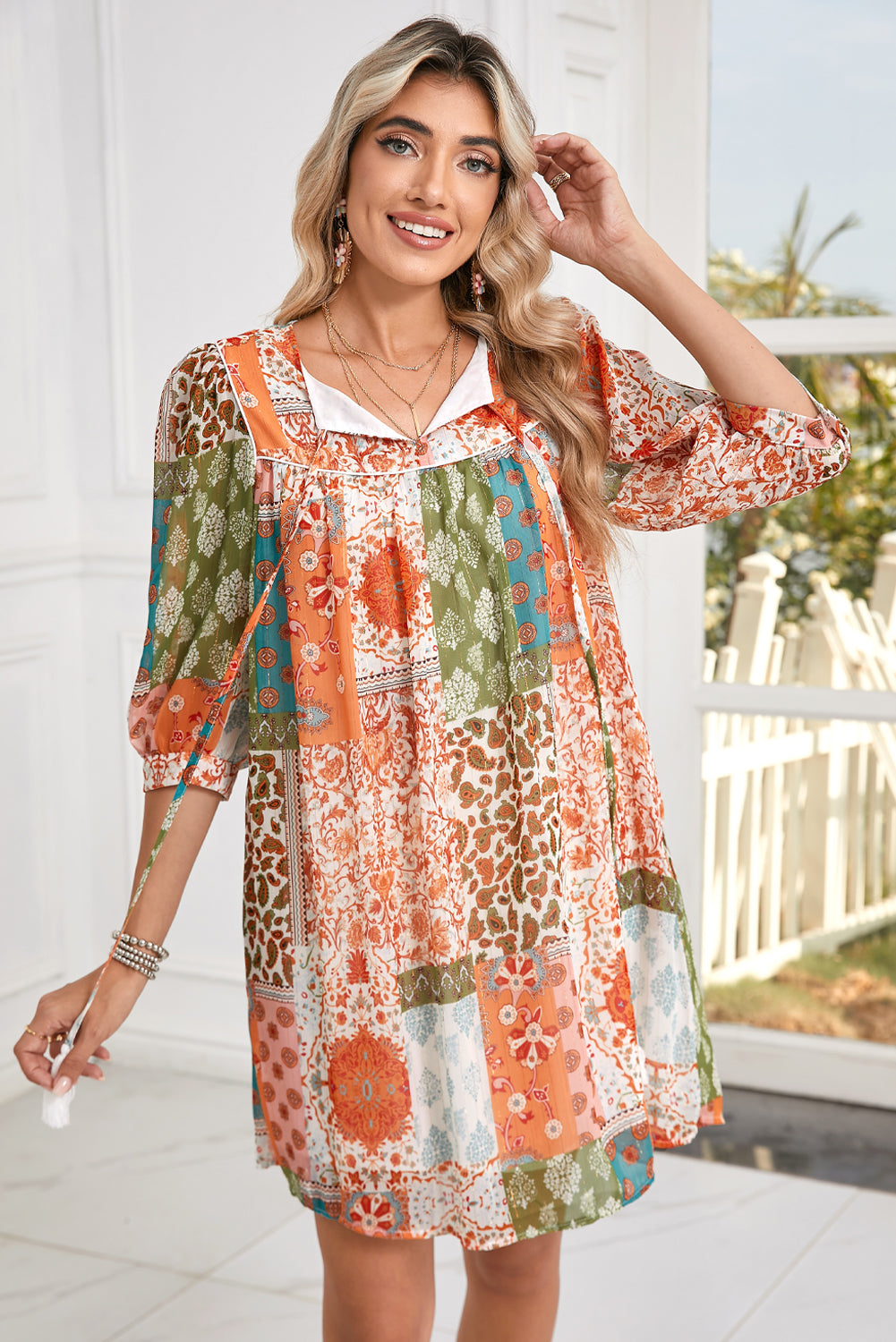 Orange Boho Paisley Mixed Print 3/4 Sleeve Chiffon Loose Dress Short Dresses a053b822203ffa30