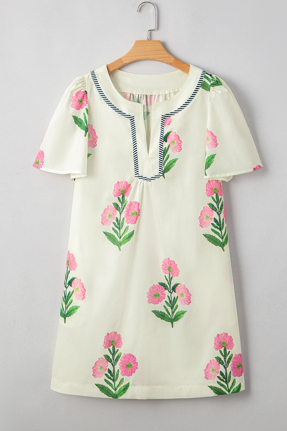 Rose Striped Trim Short Sleeve Split Neck Floral Mini Dress Short Dresses a07ef460598e3345