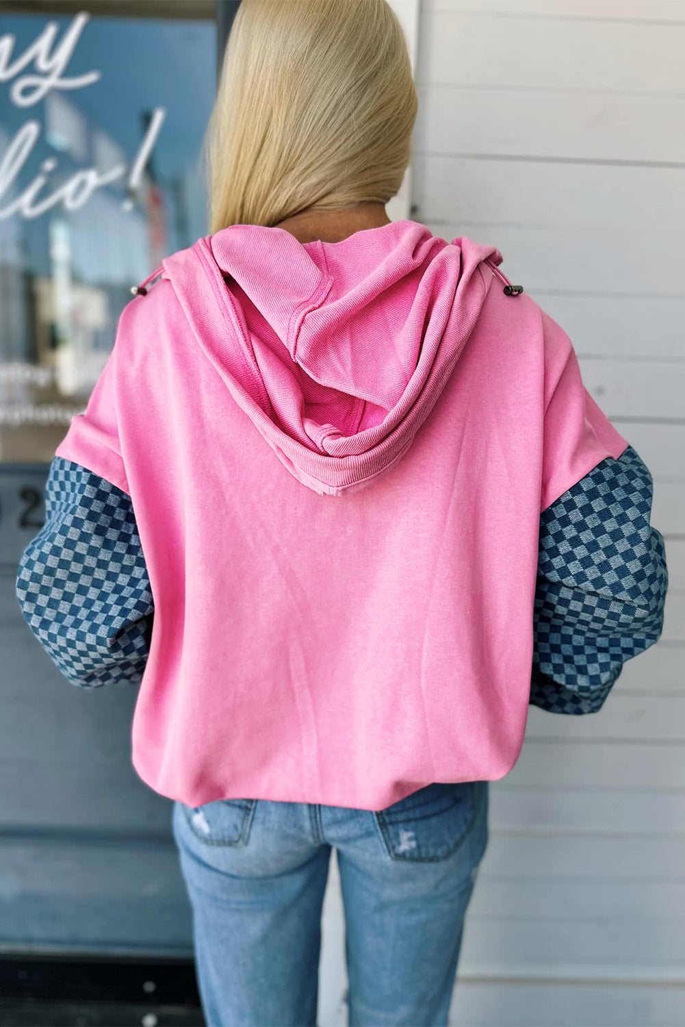 Parchment Checkered Patchwork Kangaroo Pocket Half Zipper Hoodie Sweatshirts & Hoodies a0e1fad77ea766d7