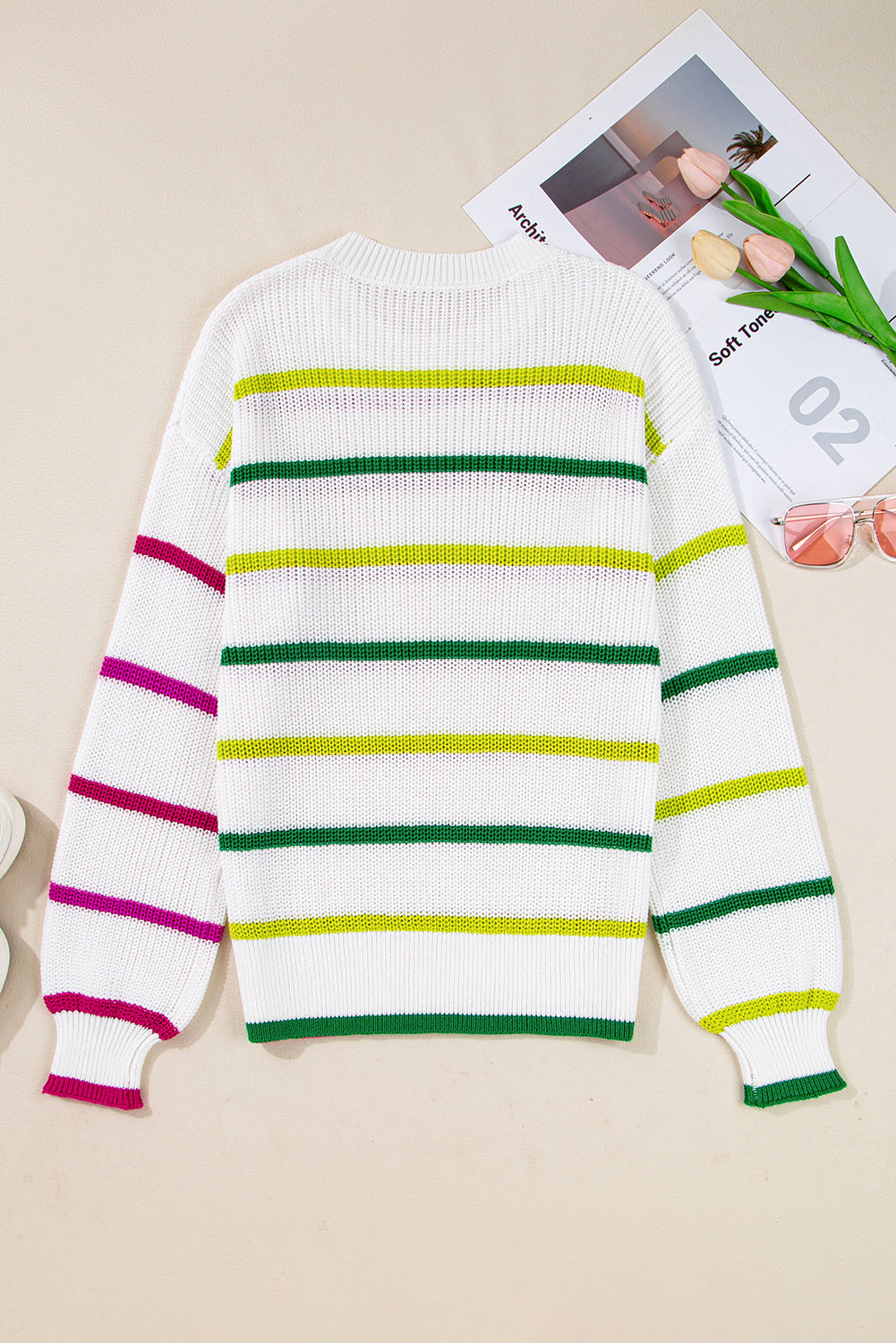 White Colorful Striped Drop Shoulder Crew Neck Sweater Sweaters a101396f061c6c9e