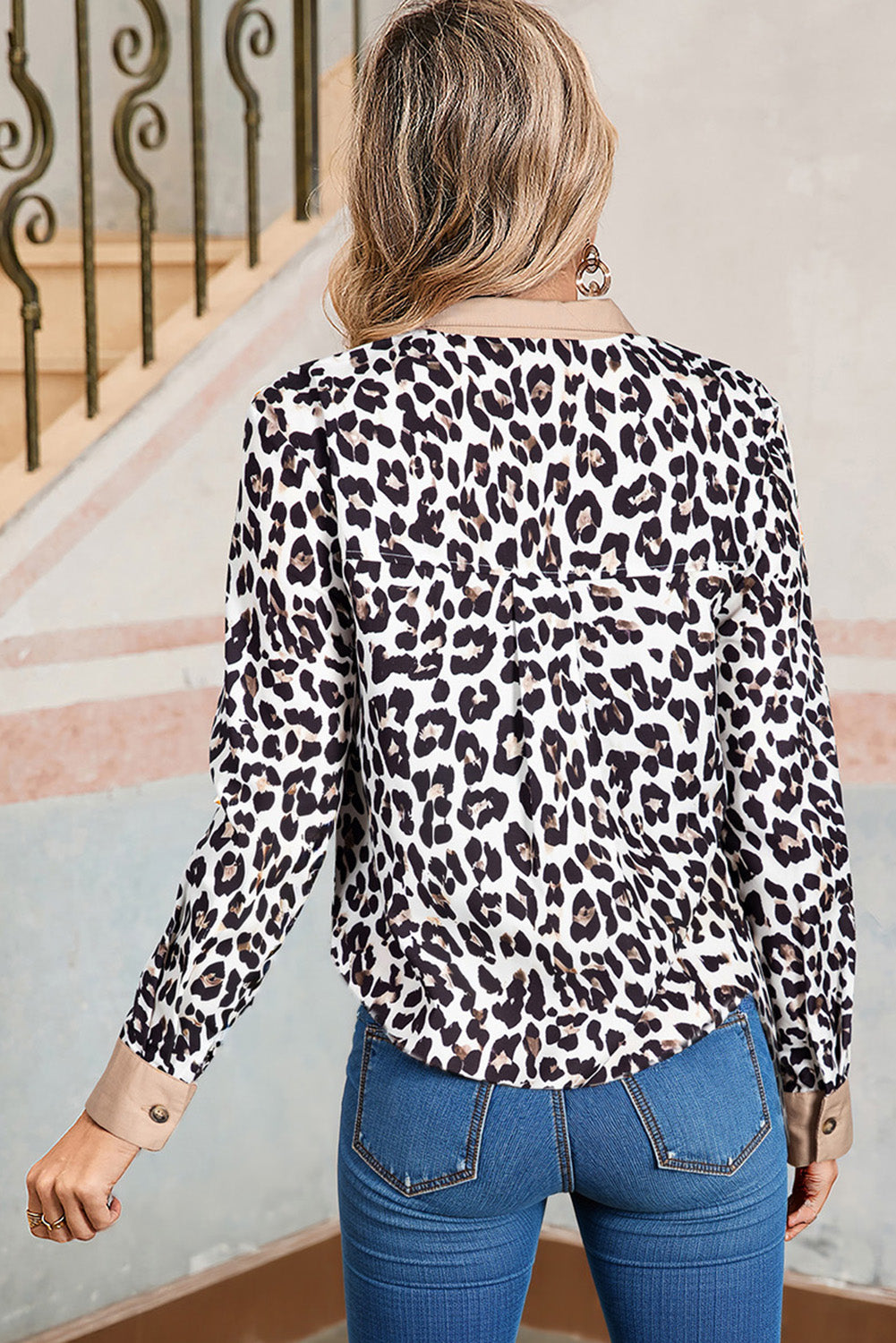 Multicolour Leopard Print Button Pop of Color Neckline Blouse Blouses a1088cedfd43879f