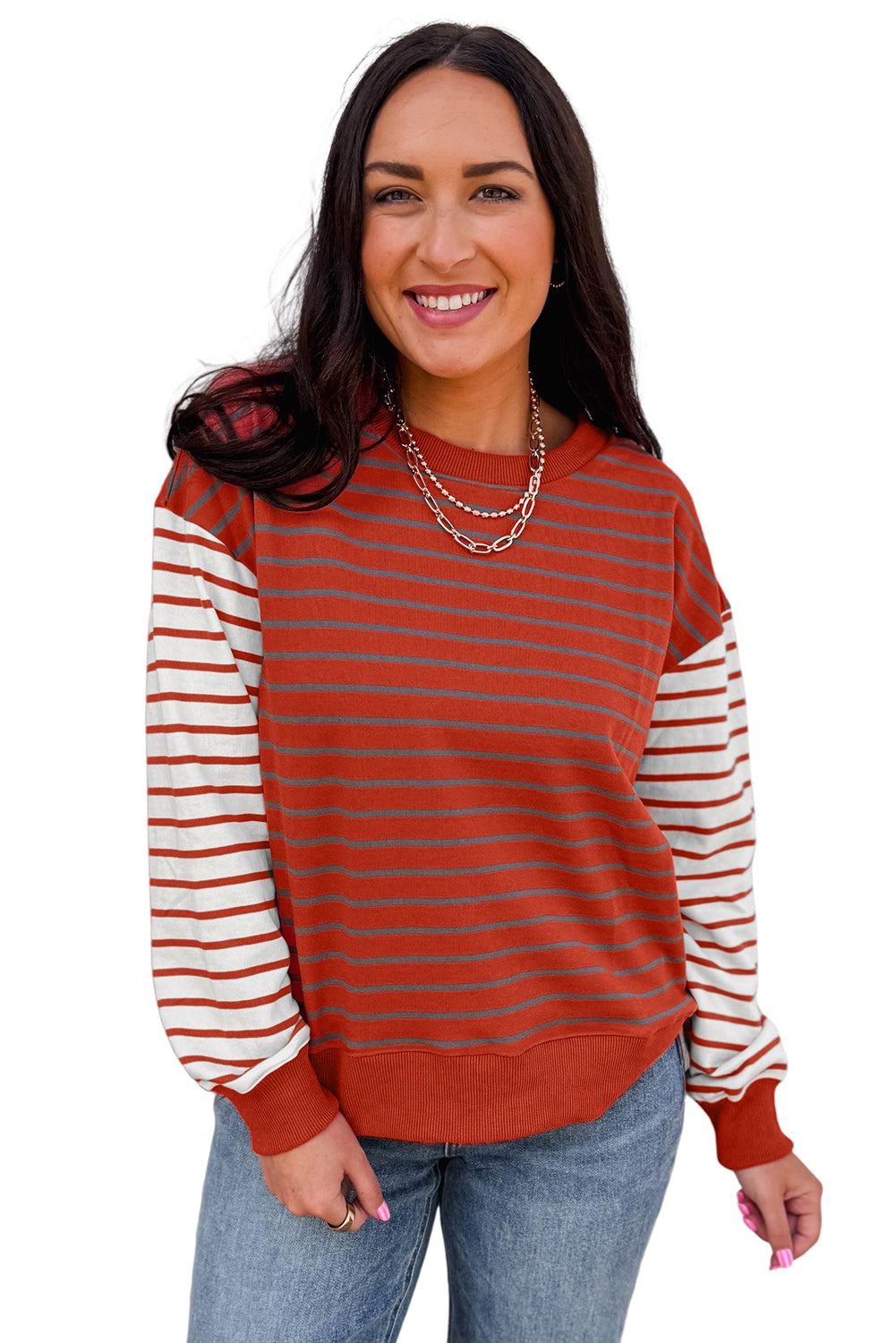 Orange Stripe Contrast Sleeve Patchwork Drop Shoulder Long Sleeve Sweatshirt Sweatshirts & Hoodies a16c8d3b430d3ec7