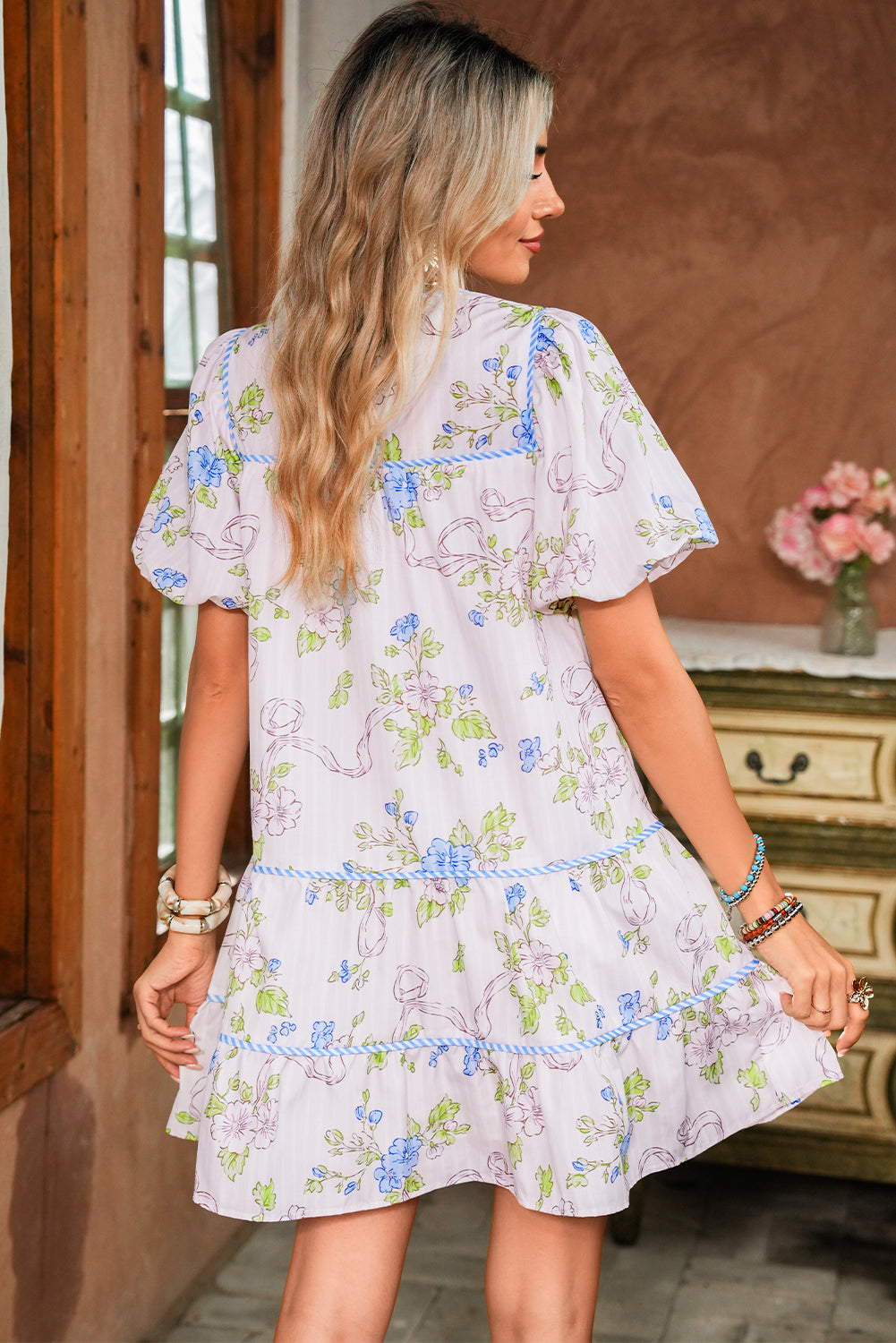 Pink Floral Striped Print Contrast Trim Tie Split Neck Mini Dress Short Dresses a1f2d1419e84587d