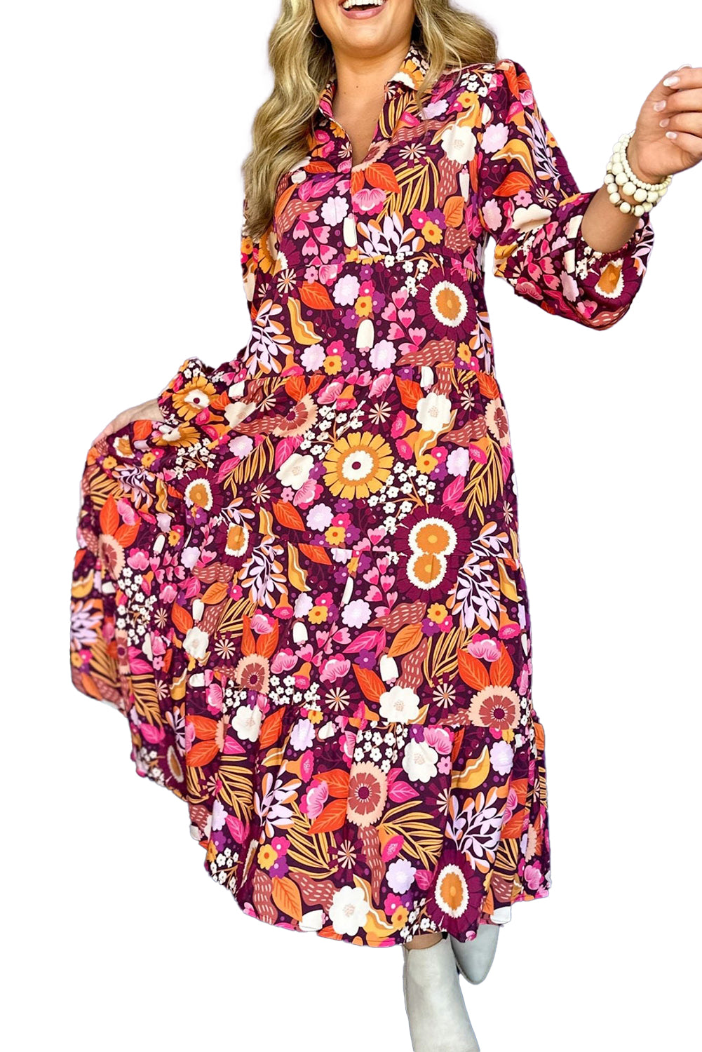 Purple Floral Print Collared Tiered Flowy Long Dress Maxi Dresses a2185a92d31207a1