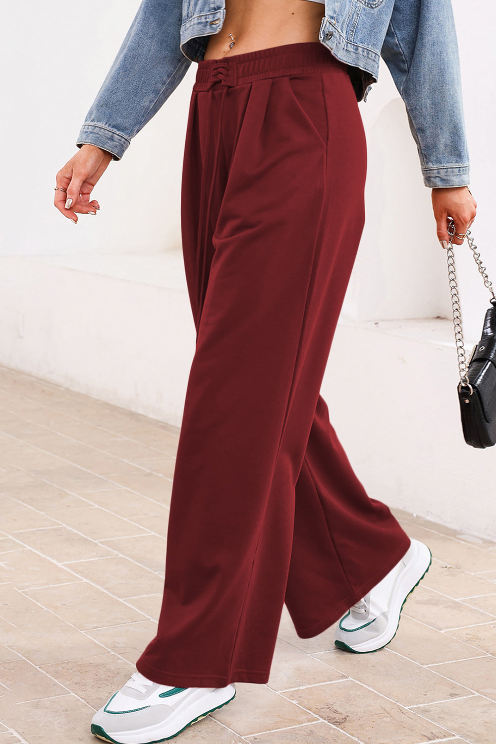 Burgundy Tied Elastic High Waist Pleated Detail Solid Sweatpants Pants & Culotte a2540af896aa5e74