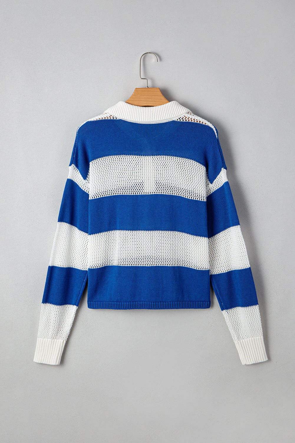 Blue Stripe Colorblock Polo Collar Eyelet Crochet Knit Sweater Sweaters a2744bc5d25361fb