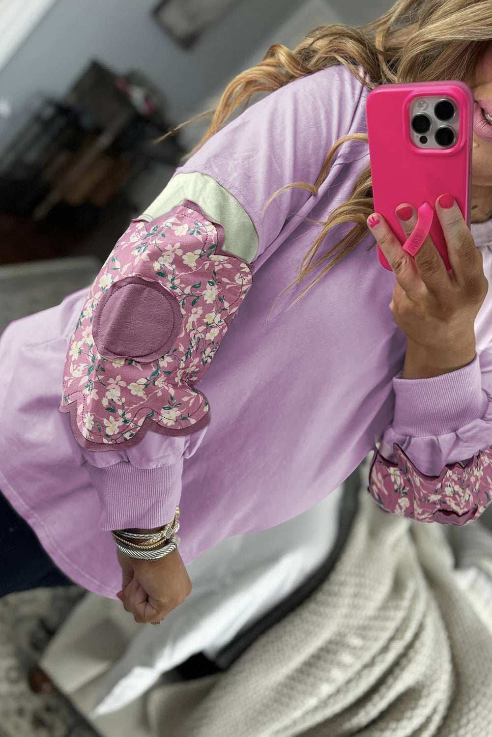 Phalaenopsis Flower Patched Colorblock Plus Size Pullover Top Plus Size Tops a2835416e370946c