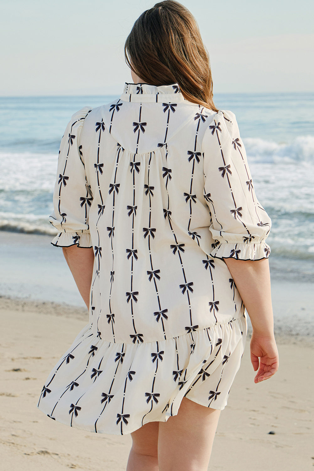 Apricot Striped Bow Print Puff Sleeve Ruffle Plus Size Mini Dress Plus Size Dresses a2c7d2d8eec38010