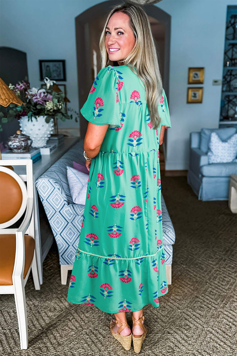 Green Floral Print Notched Neck Flounce Sleeve Midi Dress Midi Dresses a2ec128c01997dde