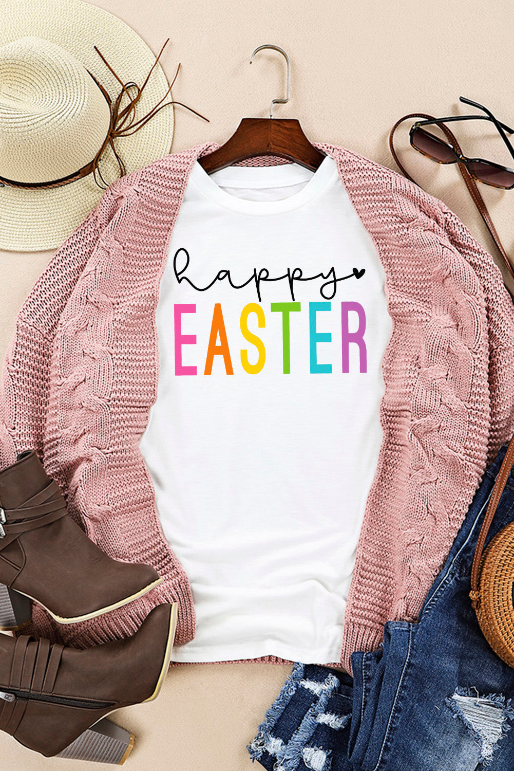 White Happy EASTER Letter Graphic Round Neck Tee Graphic Tees a30dc31773bcfe26