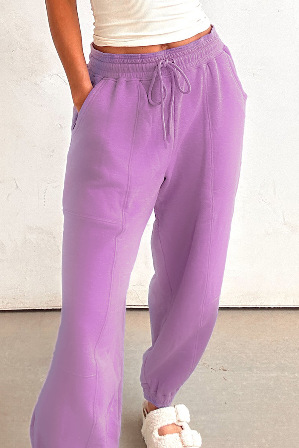 Lilac Tie Elastic Waist Solid Color Patchwork Jogger Pants Pants a31ccfb3fe2197c3
