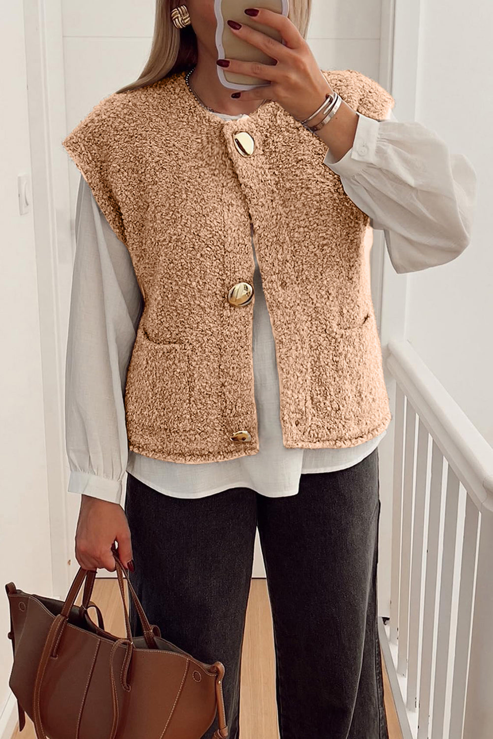 Light French Beige Big Button Accent Fuzzy Pocket Vest Vests a3282772bc73ee01