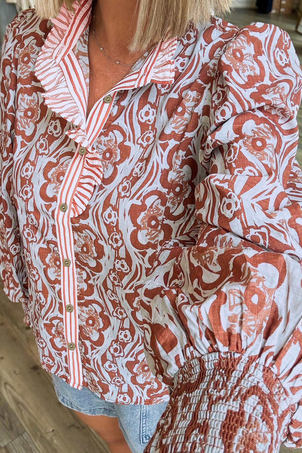 Floral Print Frilled Striped Trim Button Down Smocked Cuffs Long Sleeve Shirt Blouses & Shirts a388339866a9af84