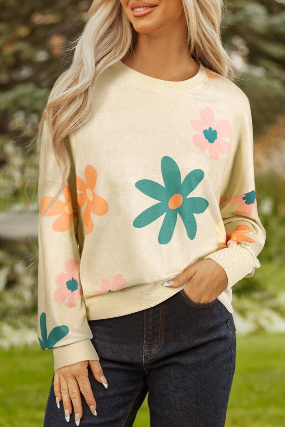 Khaki Flower Print Drop Shoulder Mineral Wash Sweatshirt Sweatshirts & Hoodies a3d295ced60a4263