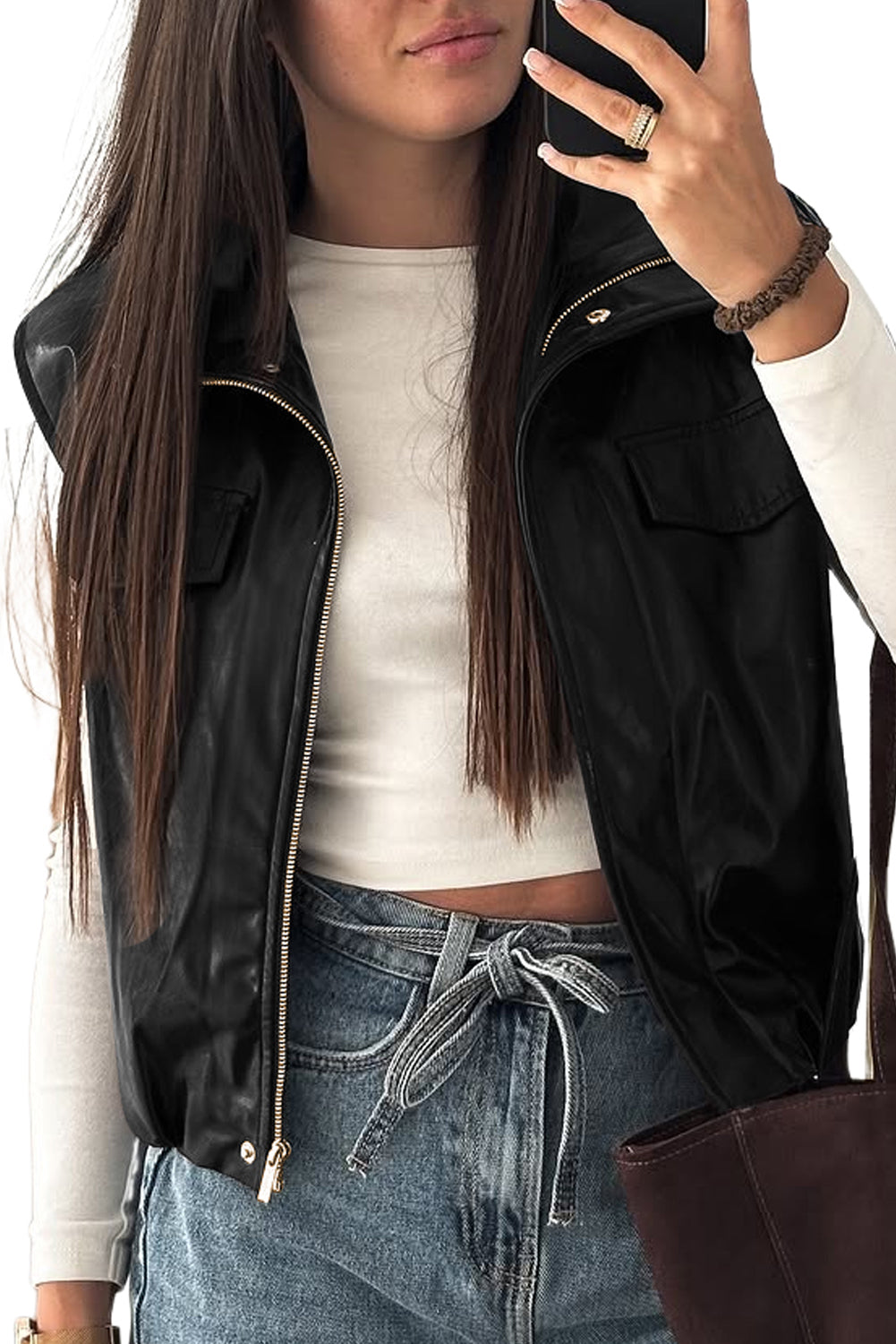 Black Double Flap Pocket Faux Leather Zip Up Stand Neck Vest Jackets a403ba2e0ab92243